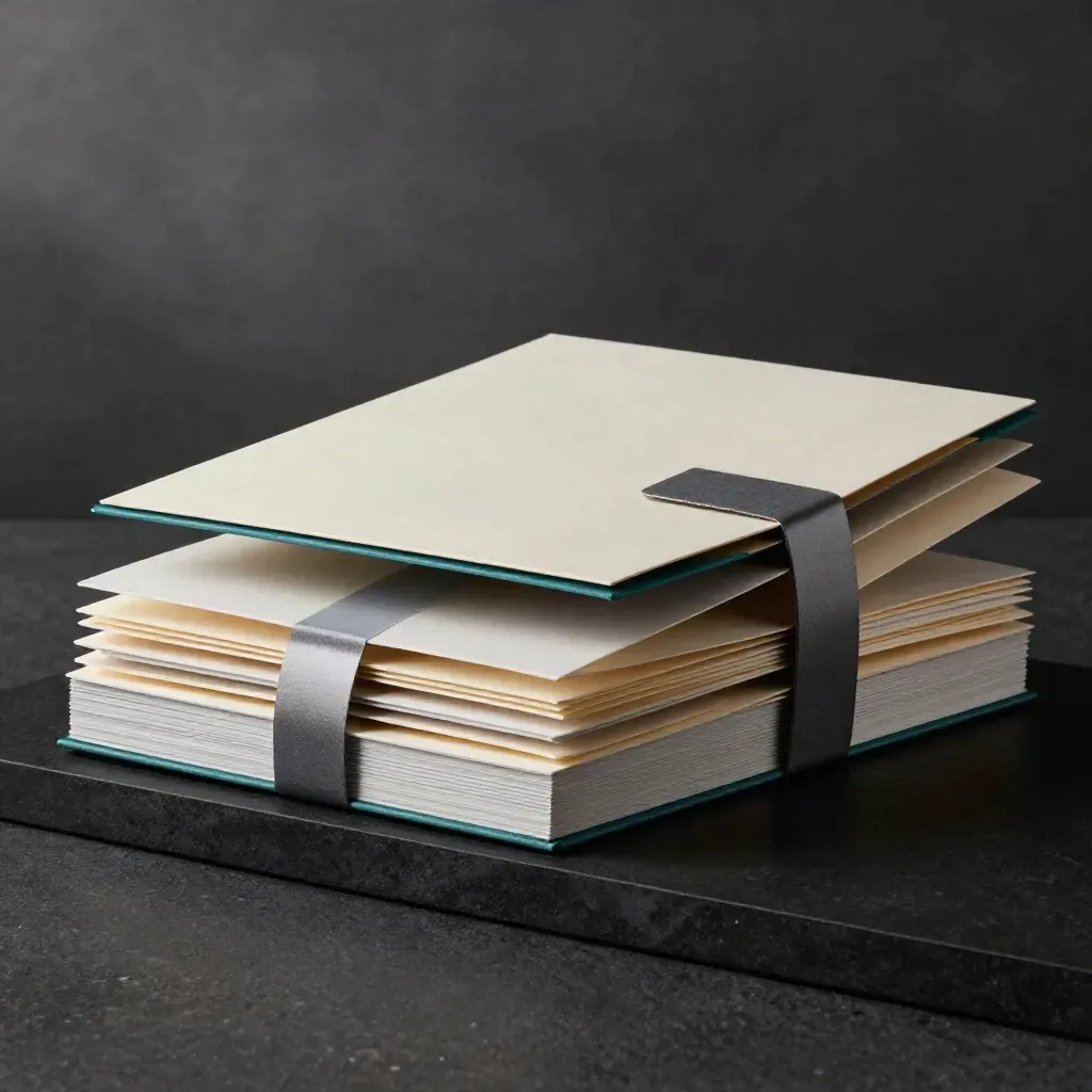 Teal-accented launch bundle folders and note-card packets on a dark studio surface.