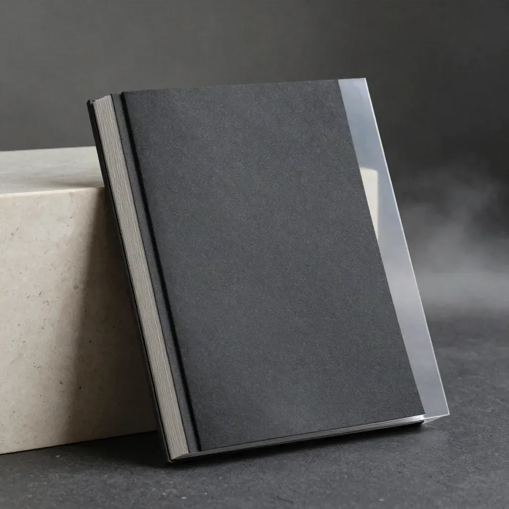 Charcoal SEO audit folio on travertine, with layered inserts and cool studio mist.