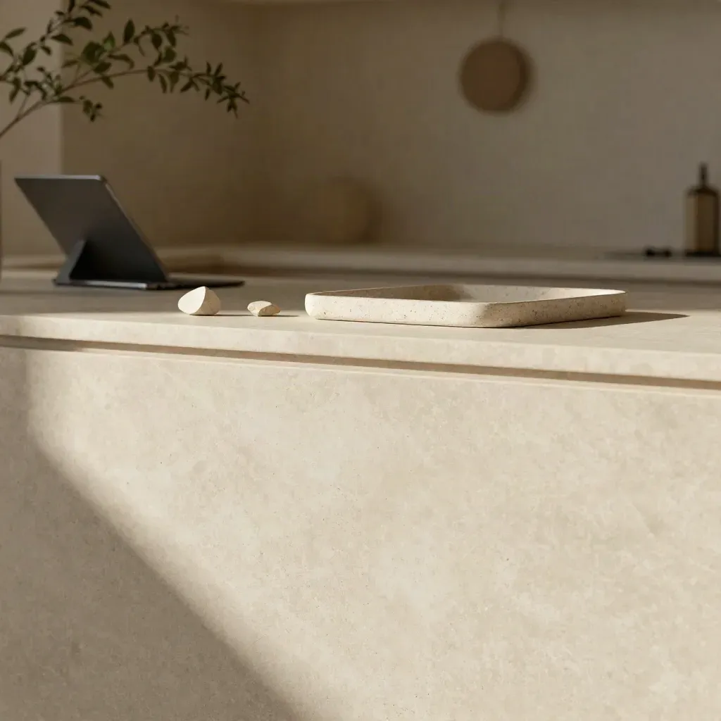 Sunlit limestone counter with plaster wall, stone tray, chips, and blurred greenery.