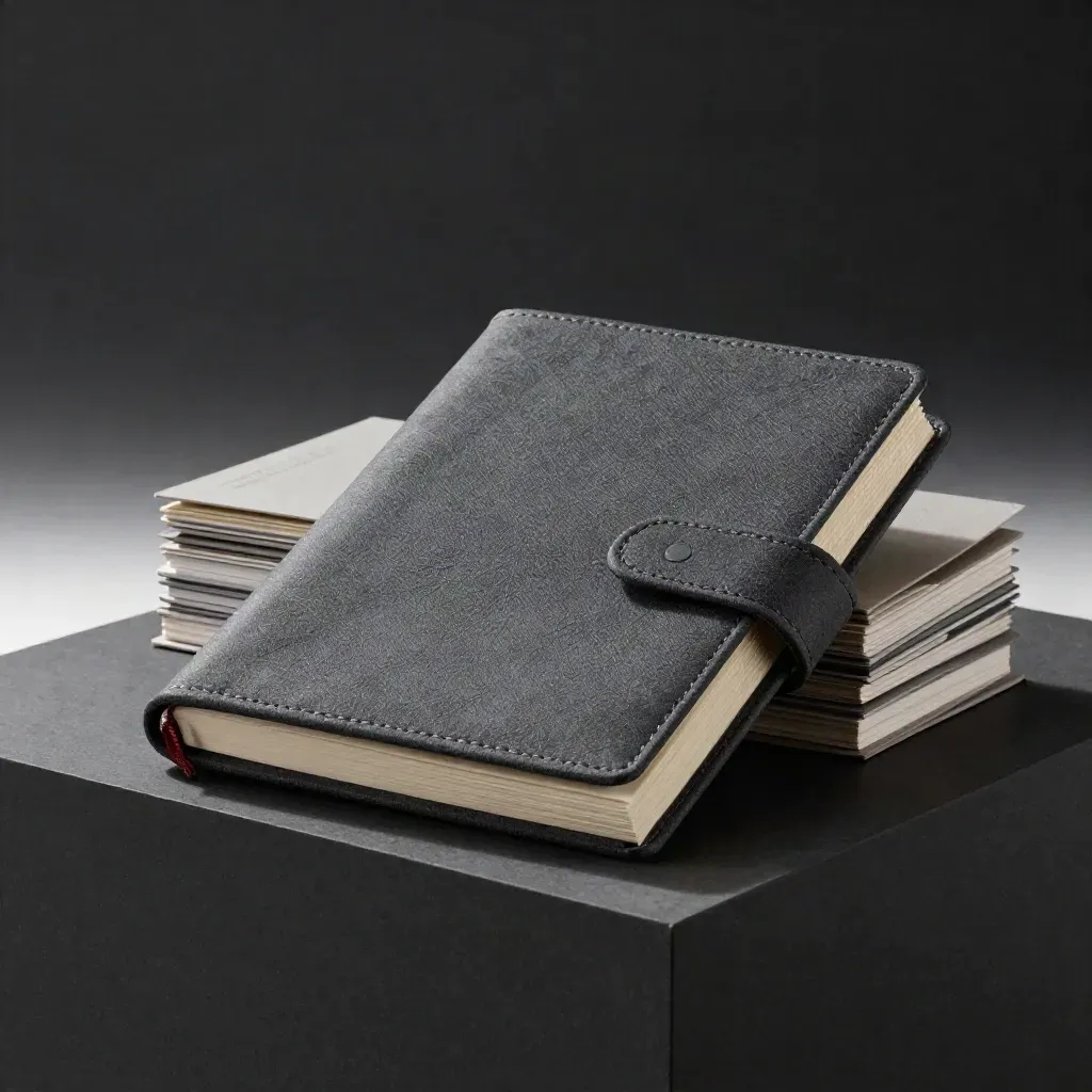 Hero stack of monthly growth plan folio, support cards and sealed sleeves on a dark plinth.