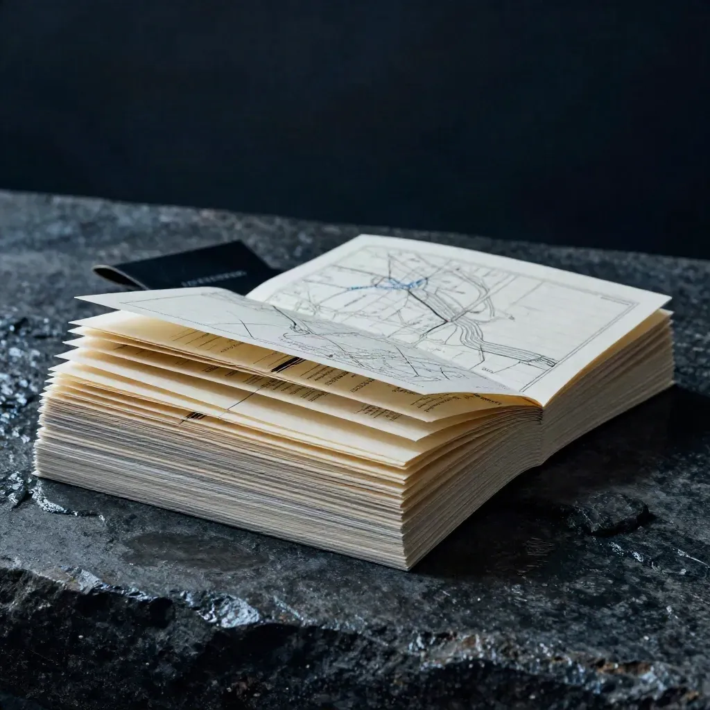 Dark dramatic stack of address cards and tab dividers spilling across a wet stone slab in mist
