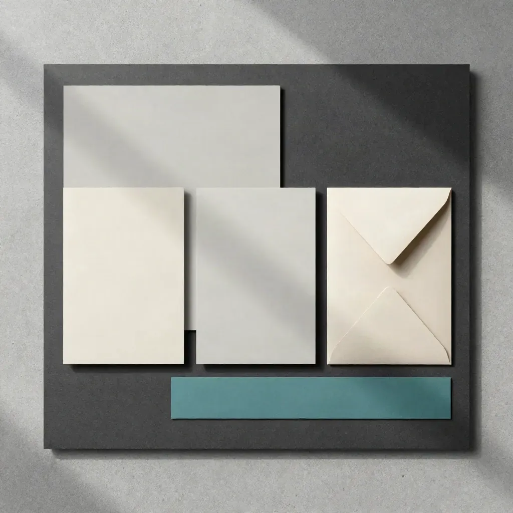 Overhead flat lay of ad setup materials on concrete with teal accent and soft shadows.