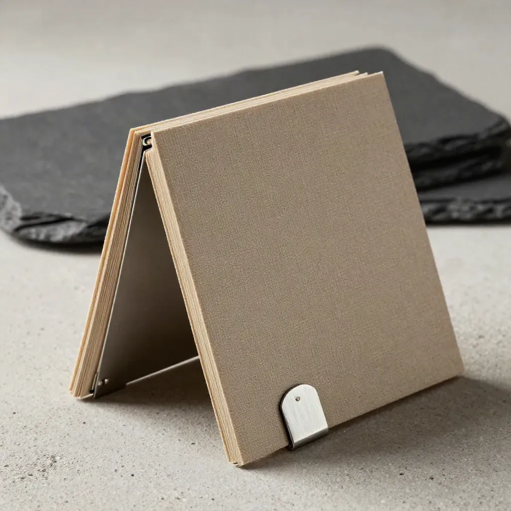 Linen copy folder, paper leaves, and metal fastener on rough concrete, lit from upper left