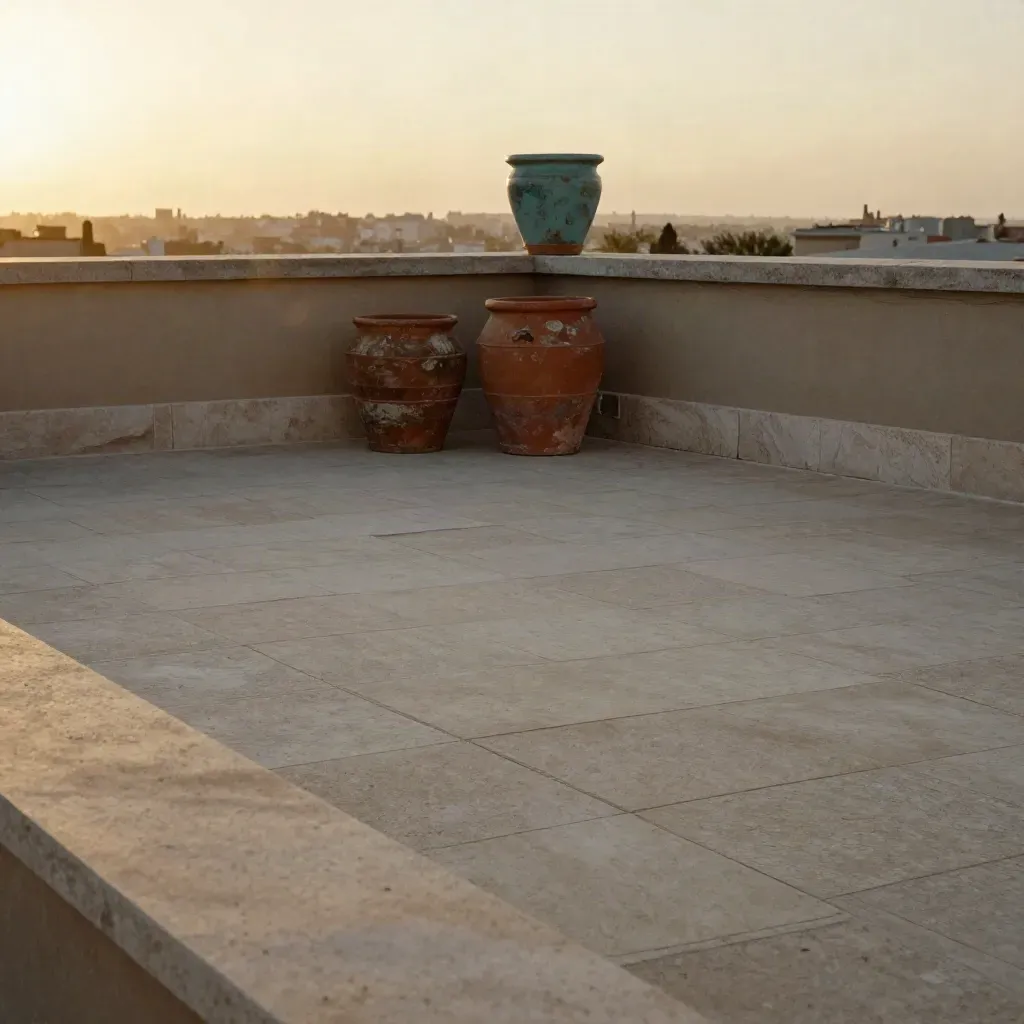 Golden rooftop terrace at sunset with hazy city skyline and calm stone copy space below.