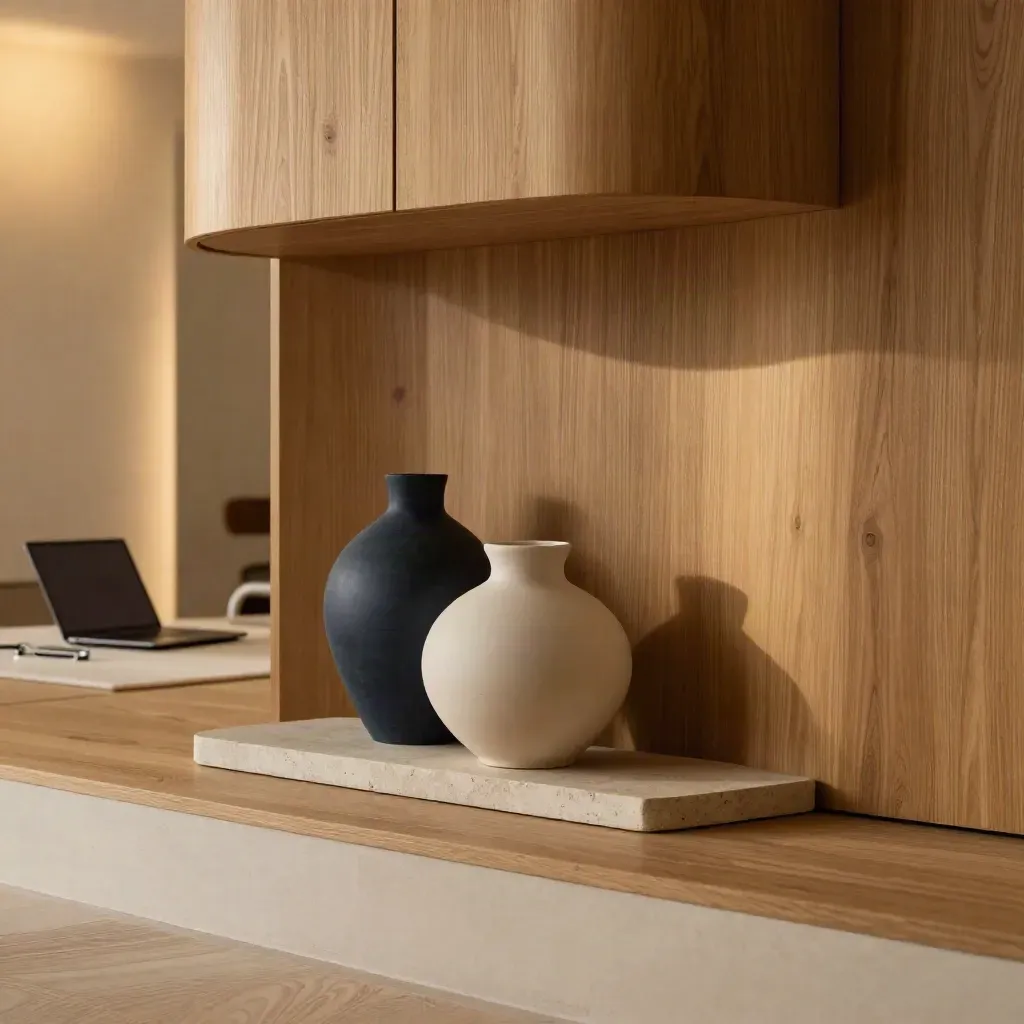 Sunlit oak niche with ceramic vessels, a laptop, and calm workspace shadows for headline space