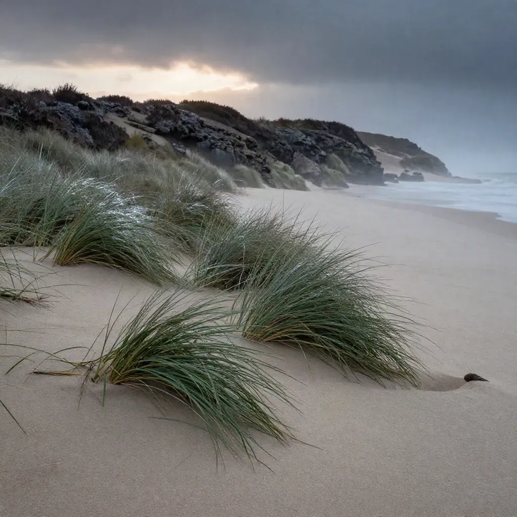 Rain-washed coastal heath with mist, dark sea horizon, and a faint evening glow.