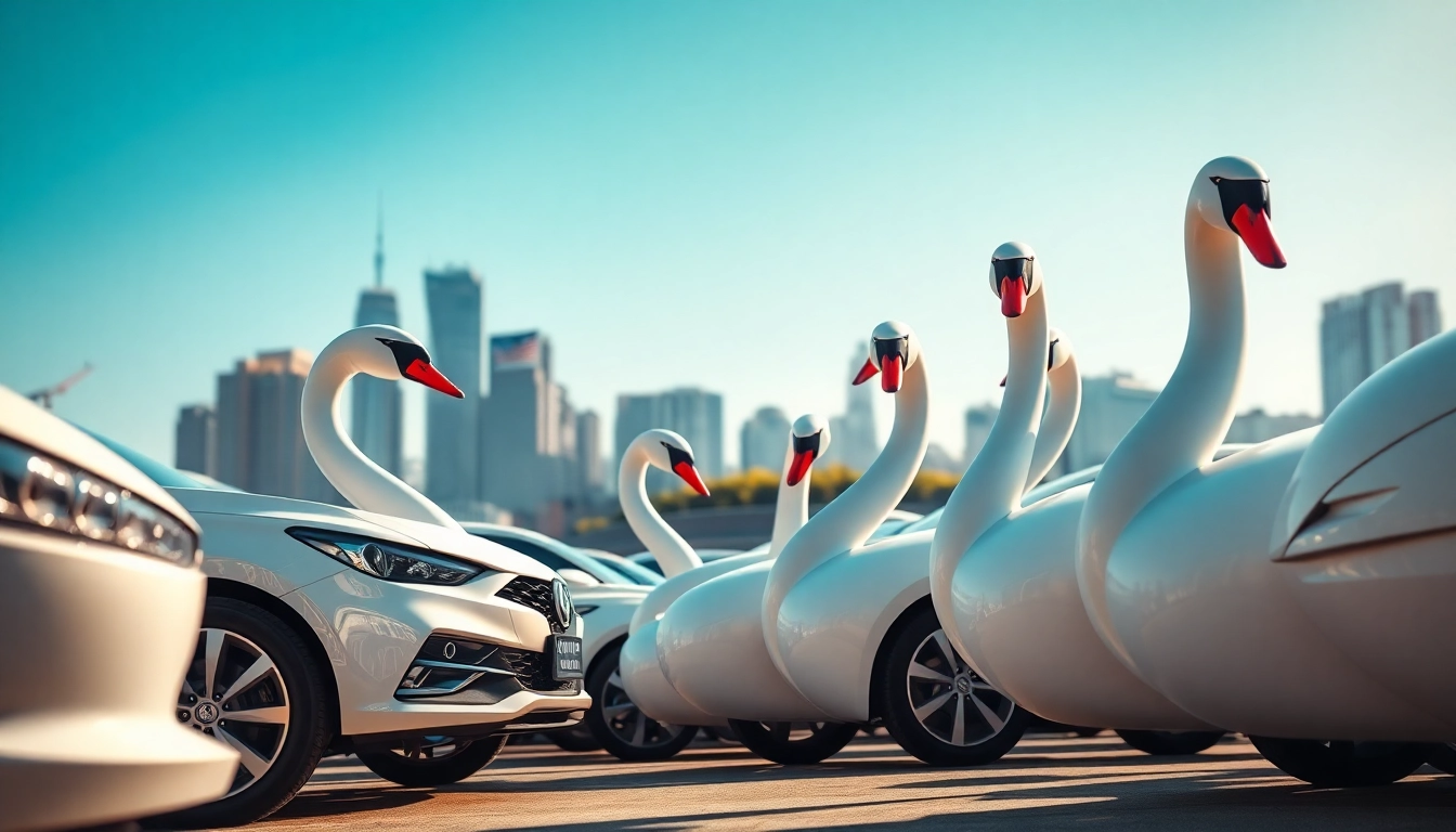 View of Swan Cars in a vibrant city setting showcasing their sleek designs.
