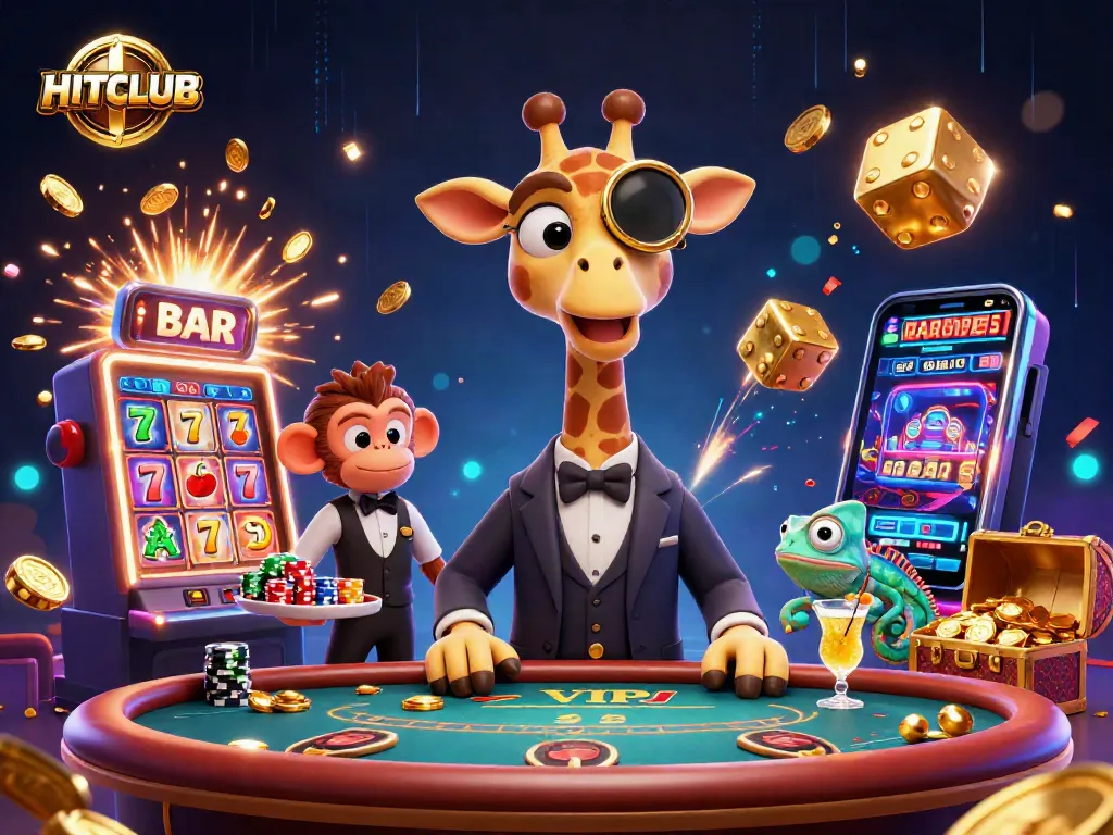 Engage in exciting slots and games at HITCLUB amid vivid casino elements and vibrant characters