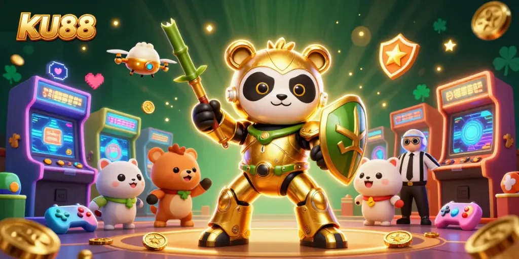 KU88 invites players to spin for jackpots in this vibrant casino-themed illustration with characters and colorful game elements.