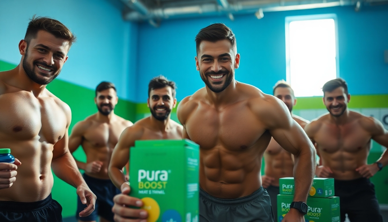 Puraboost energizes men at the gym, showcasing vitality and confidence during intense workouts.