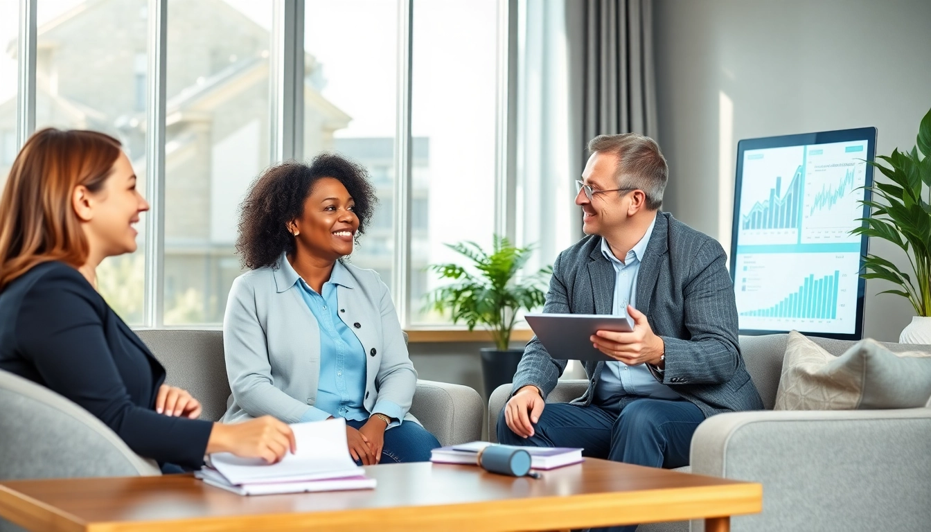 Recensioni di Clinica del Debito: sessione di consulenza in un moderno ufficio finanziario con clienti sollevati che discutono soluzioni al debito.