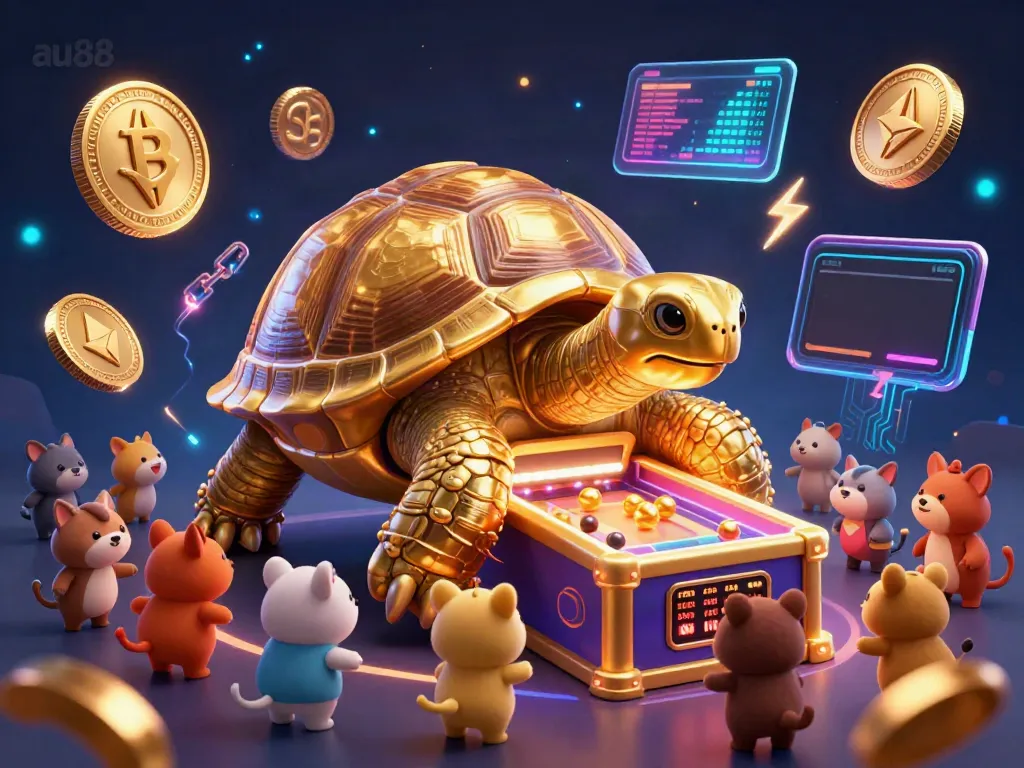 Engage at au88 with a vibrant casino scene featuring a colossal tortoise pinball machine, excited animals, and crypto elements.
