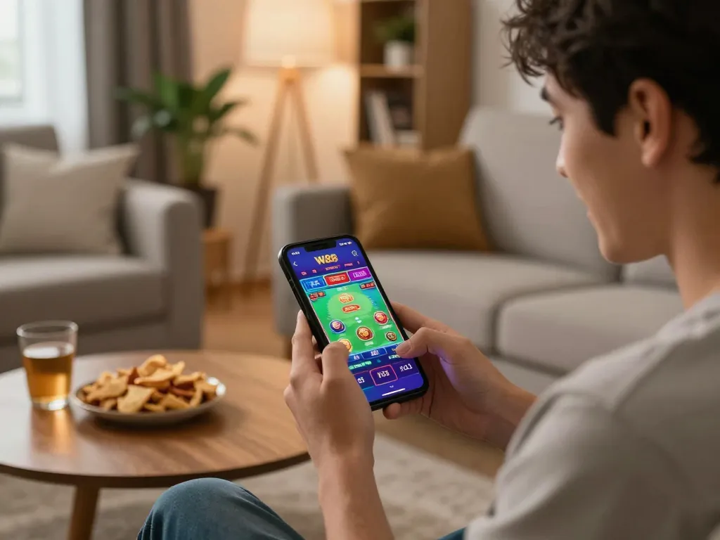 W88 app user strategizing for online gambling in a cozy living room.
