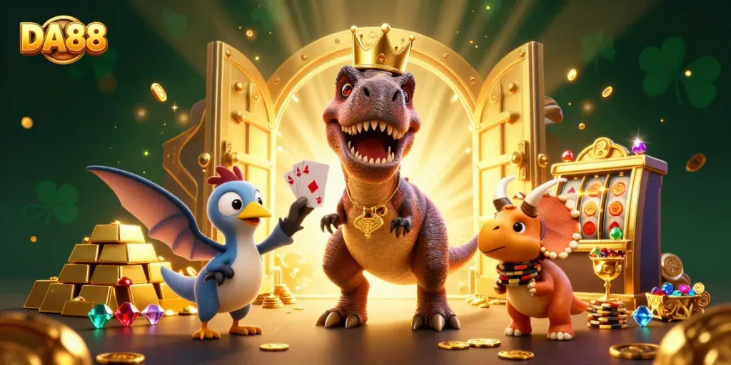 DA88 engaging players with a 3D dinosaur-themed poker game, showcasing vibrant casino elements.