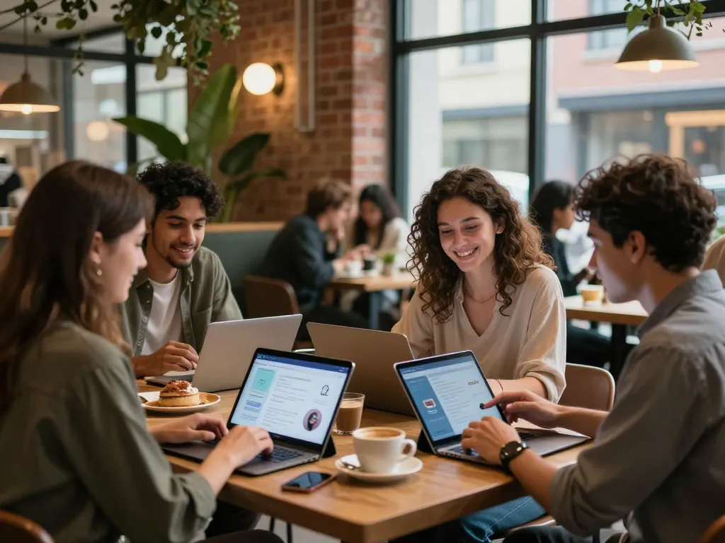 Young adults interacting with AI chatbots in a vibrant café setting, exploring sex ai.