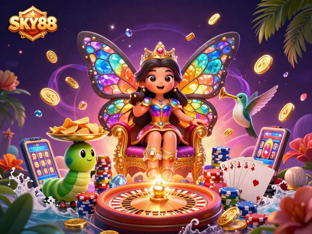 SKY88 showcases a vibrant casino scene featuring colorful cartoon elements with a butterfly queen surrounded by gamers.