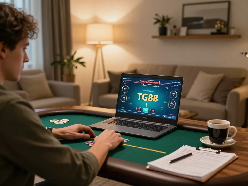 Engaged player using TG88 for online poker, showcasing responsible gambling in a cozy home setting.