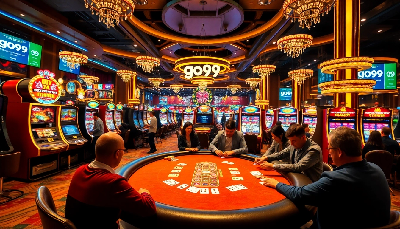 Gambling scene at go99 featuring vibrant slot machines and intense poker gameplay.