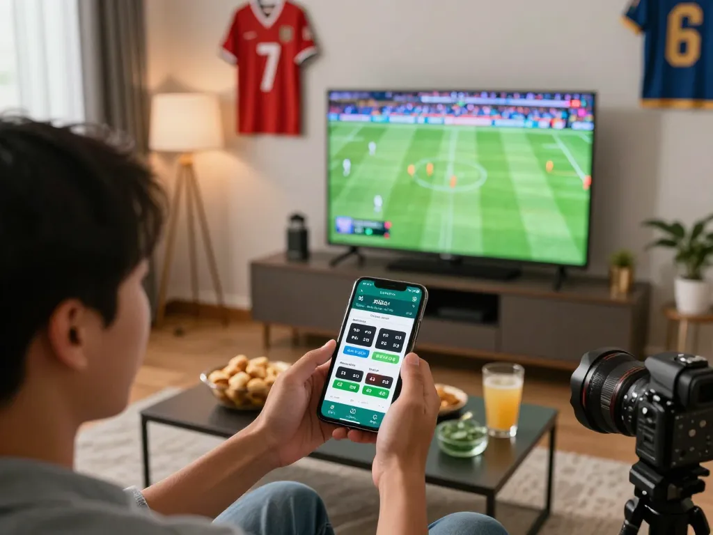 Excited user placing bets on xôi lạc tv while watching live football in a cozy modern living room.