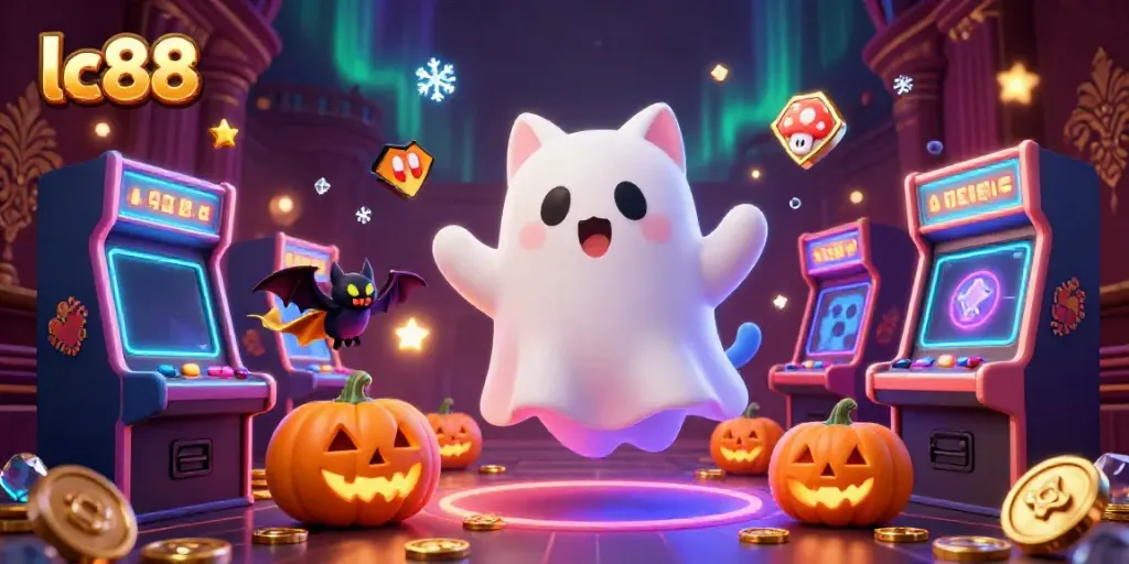 Engaging lc88 animated casino scene with a friendly ghost cat and vampire bat amidst glowing slot machines and arcade games