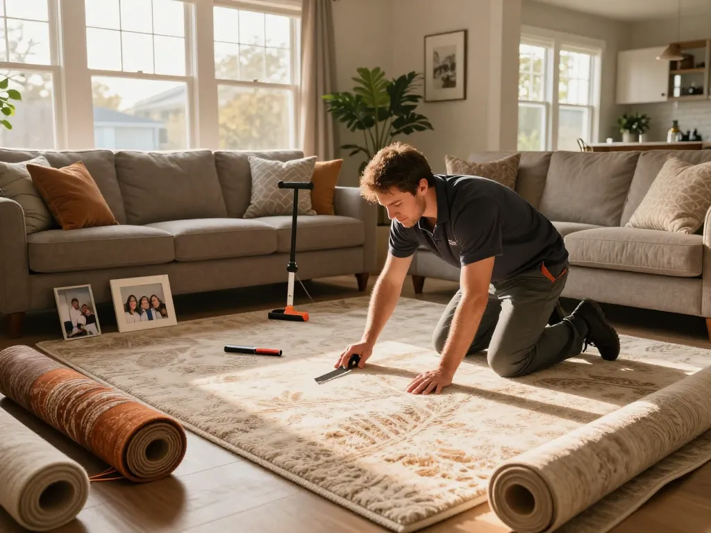 Professional carpet fitters near me installing plush carpet in a modern living room