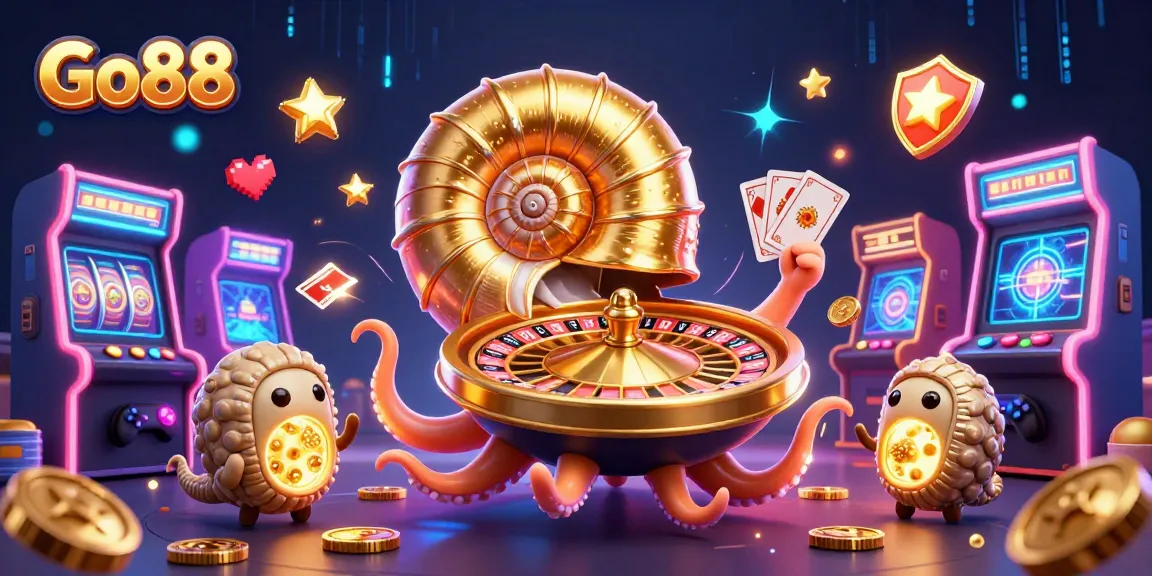 Experience thrilling games at Go88 with a vibrant 3D nautilus roulette wheel, cards, and glowing casino elements.