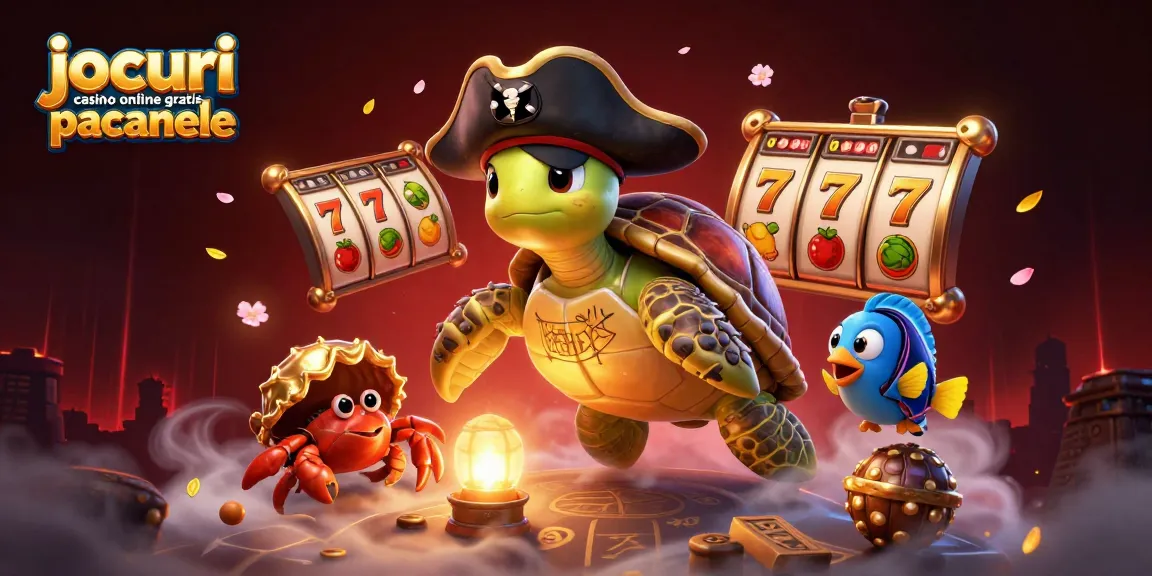 Joacă jocuri casino online gratis păcănele cu personaje colorate și simboluri de sloturi, într-o scenă vibrantă.