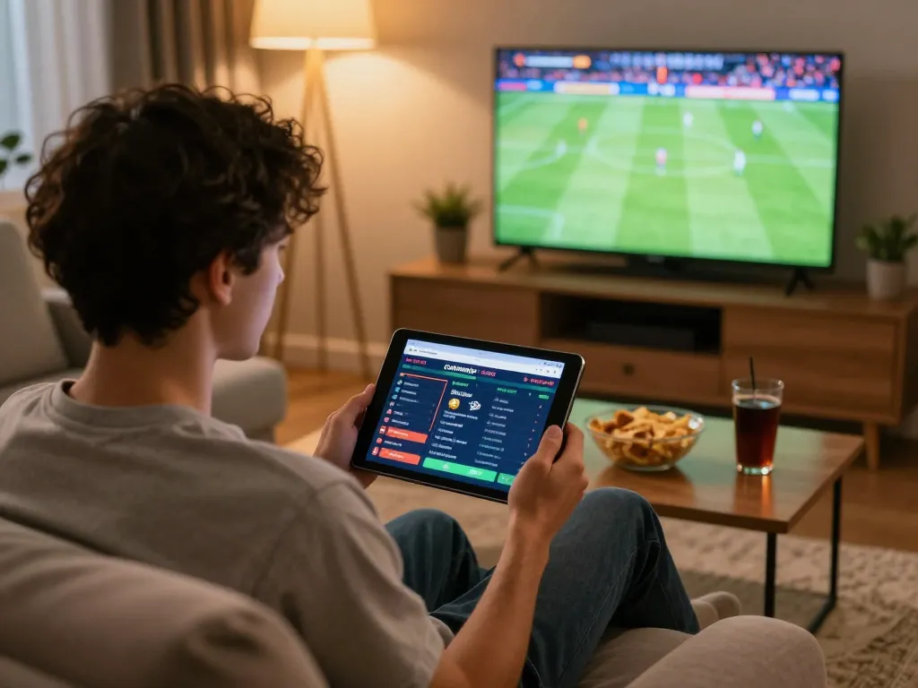 Engaged player using cakhiatv for live sports betting at home, showcasing excitement in a cozy environment.