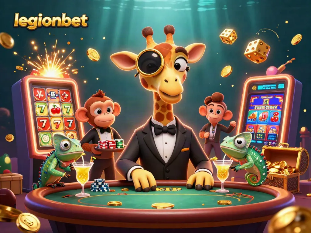 Experience excitement at legionbet casino with a high-roller giraffe and vibrant game elements.