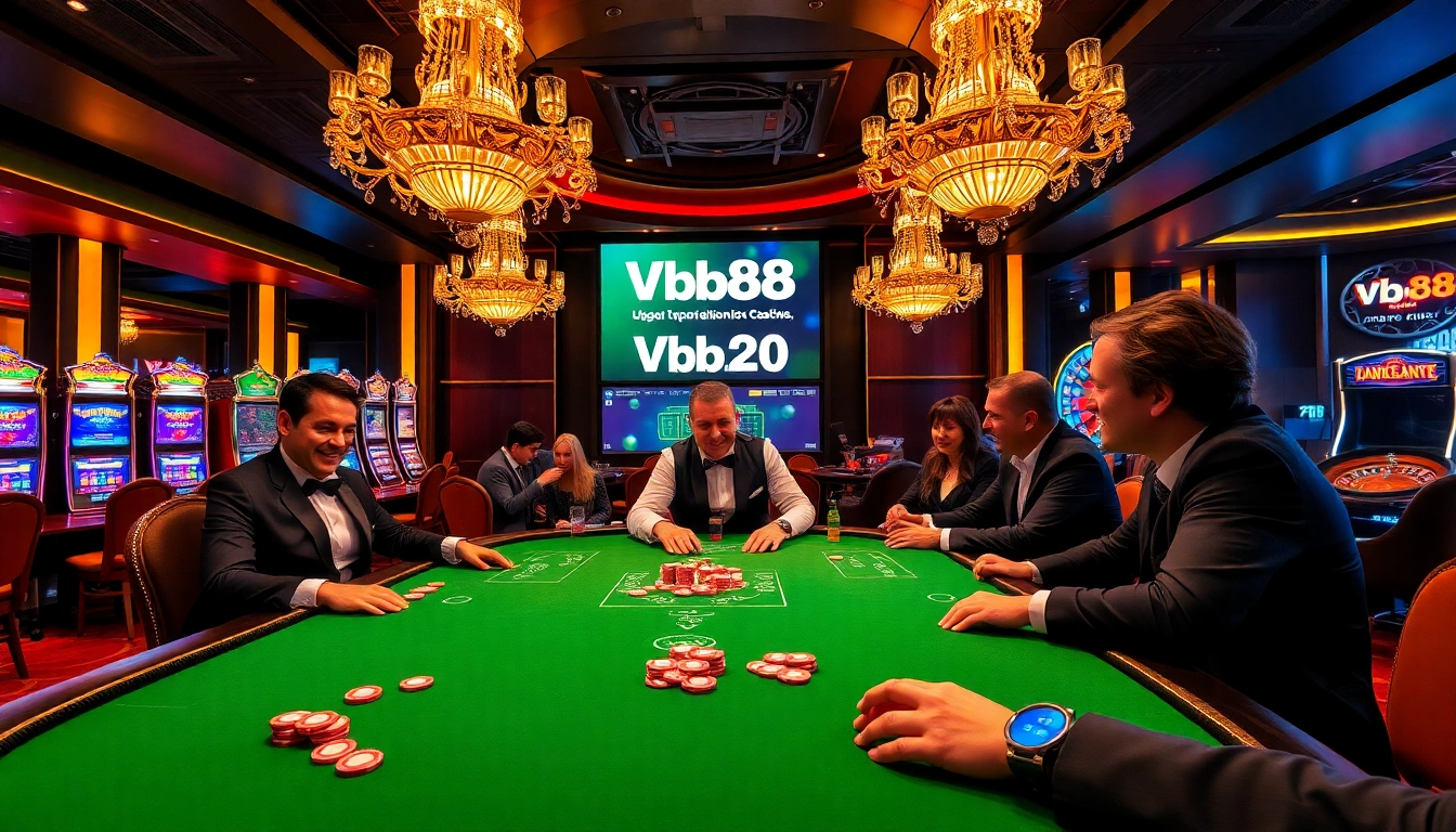 Engaging scene of a poker table at Vb88 casino with vibrant chips and enthusiastic players.