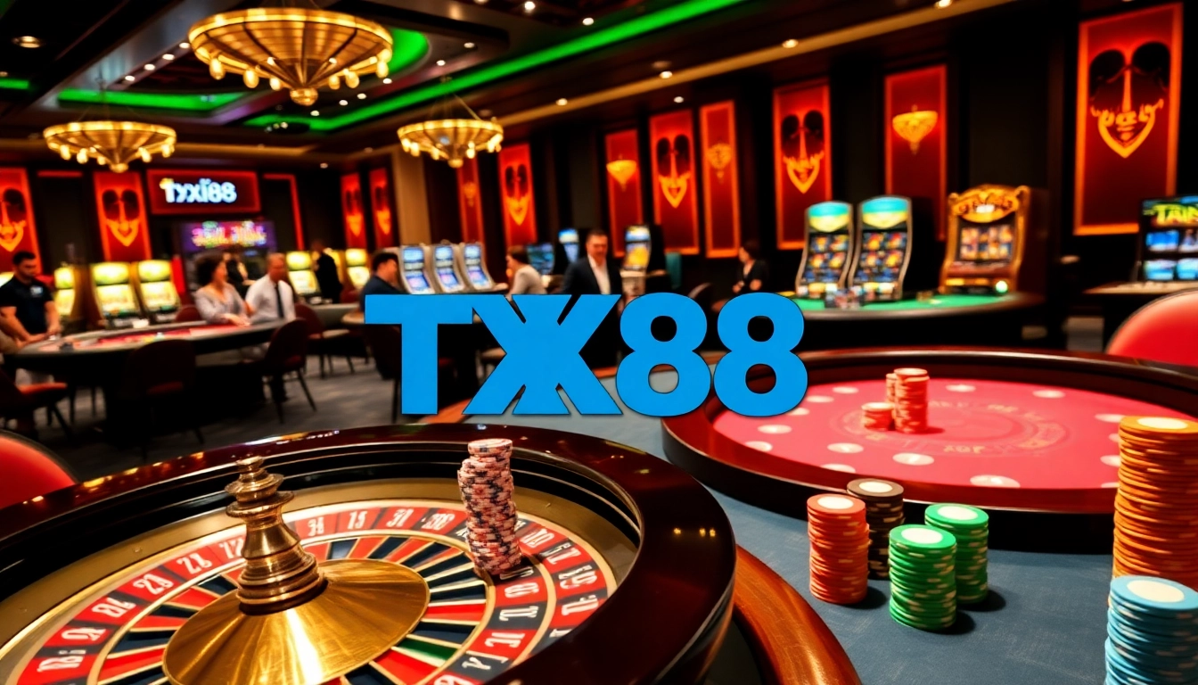 Engaging players at TX88 casino with excited gameplay at poker and roulette tables.
