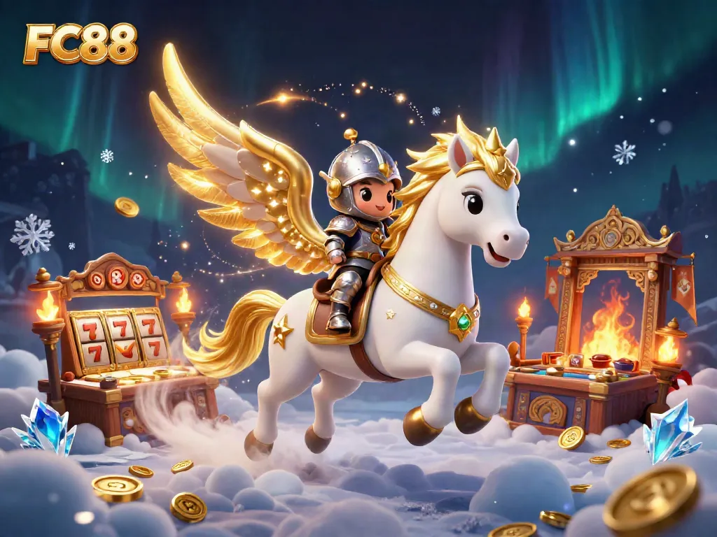 Experience immersive gameplay with FC88 - a rich 3D illustration of a celestial horse and knight in a vibrant casino setting.