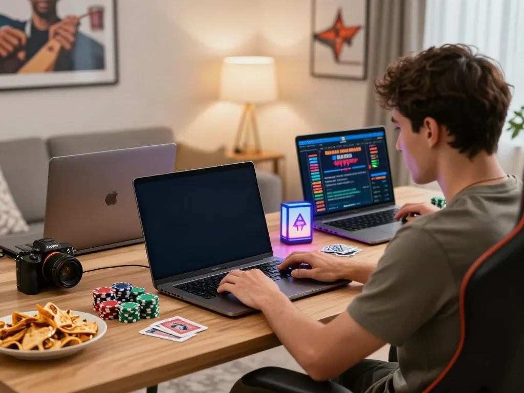 Engaging scene of online gambling at home with focus on non gamstop uk casinos setup featuring poker chips, laptop, and cozy atmosphere.