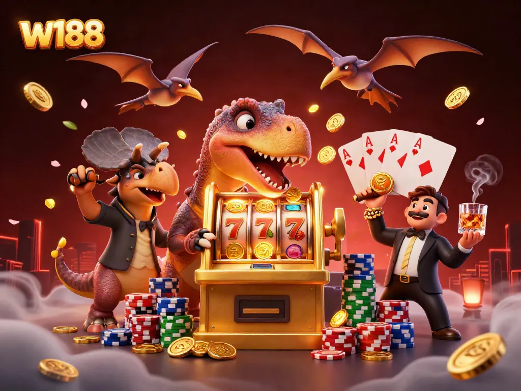Experience w188's thrilling jackpot moments as a pachycephalosaurus triggers coins from a golden slot machine.