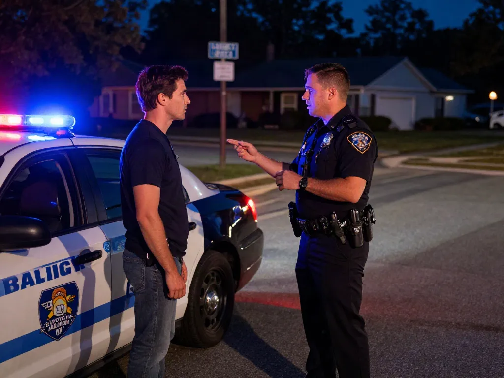 Body camera of DUI Cherokee County GA capturing a police officer interacting with a sober suspect during a nighttime sobriety check.