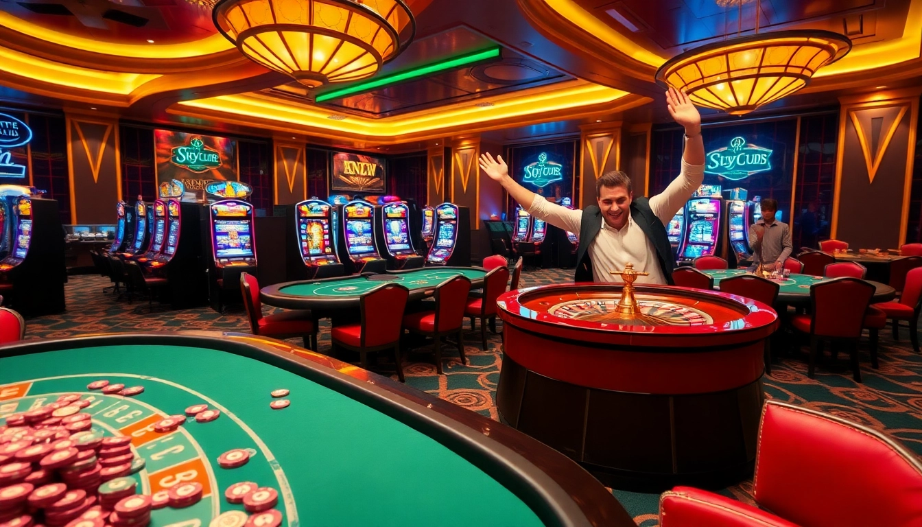 Excited players winning at the Sky Club casino tables surrounded by vibrant gambling elements.