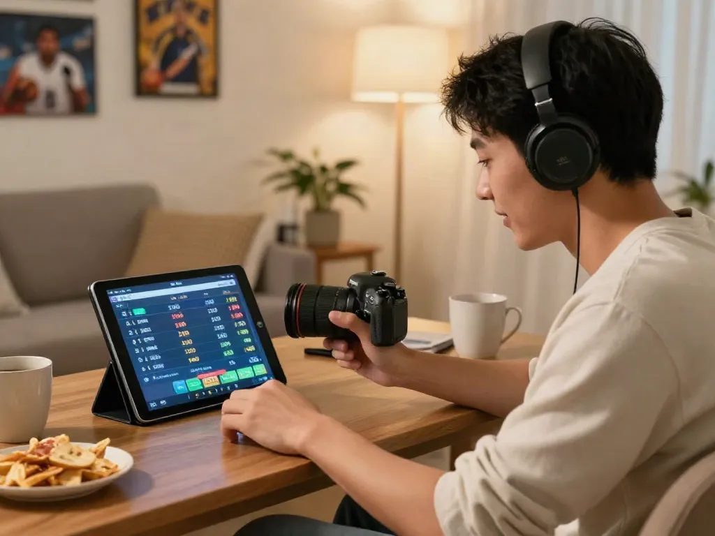 Exciting online betting experience at https://9bet.ru.com/ showcasing a player with a tablet in a cozy setting.