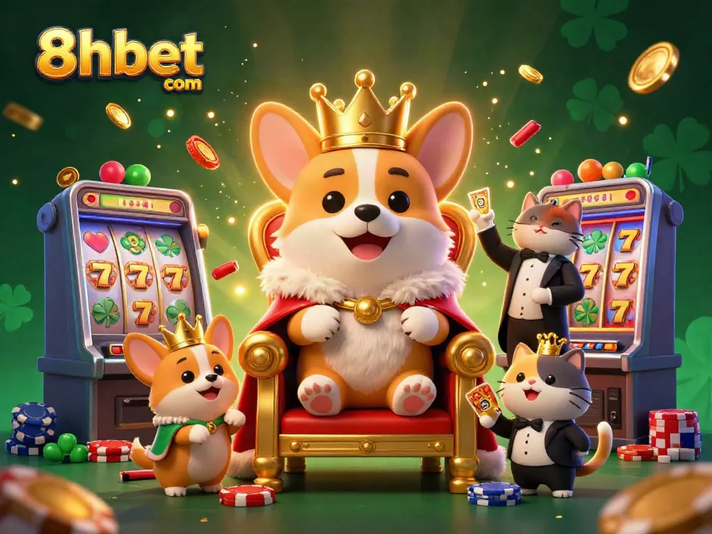 Engage with 8xbet com in a vibrant celebration of slots, featuring a royal corgi and casino elements.