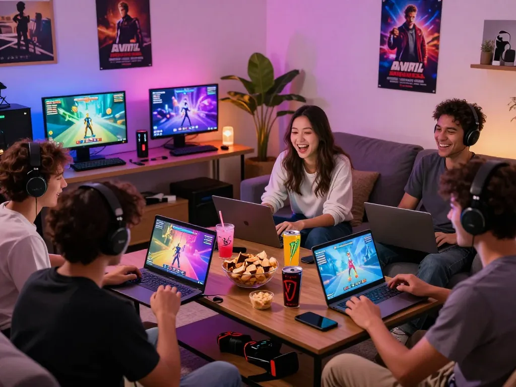 Engaging scene of players enjoying a sex simulator game, showcasing lively interaction and cozy gaming environment.