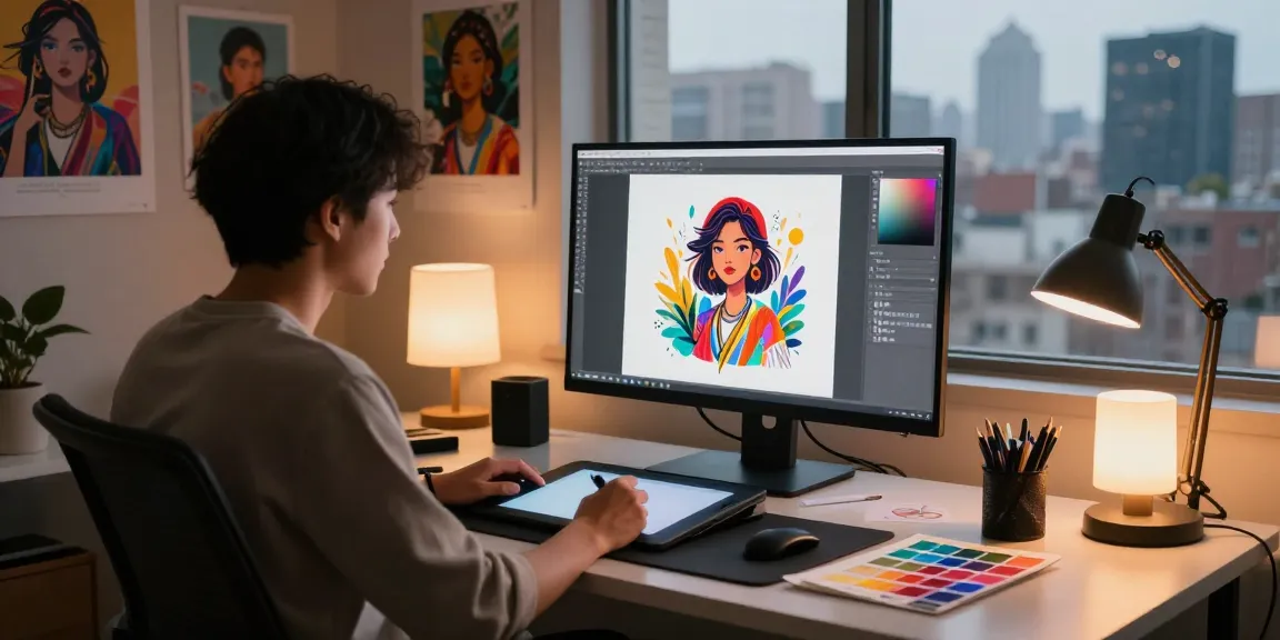 AI NSFW artist creating vibrant digital illustrations in a cozy studio