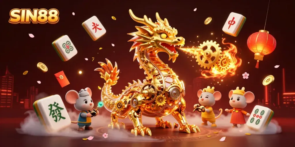 SIN88 showcases a golden dragon breathing gears, surrounded by festive gaming elements in a vibrant casino scene.