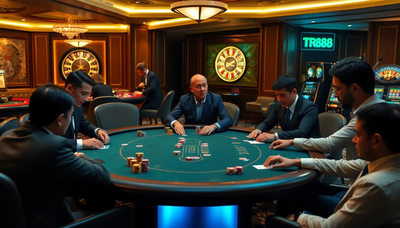Players calculate strategies at the TR88 poker table in a luxurious casino.