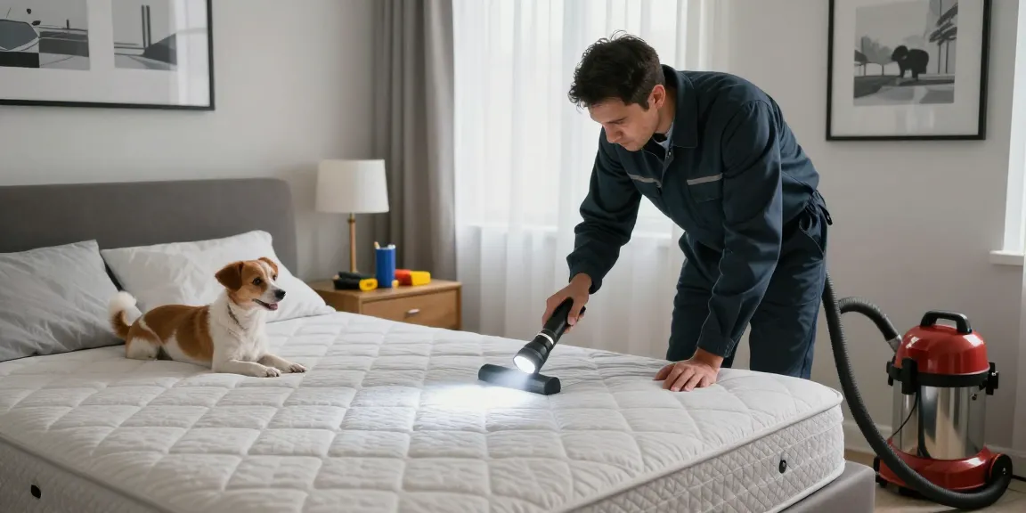 Effective bed bug control in a professional inspection scene in a cozy bedroom, highlighting safety and thoroughness.