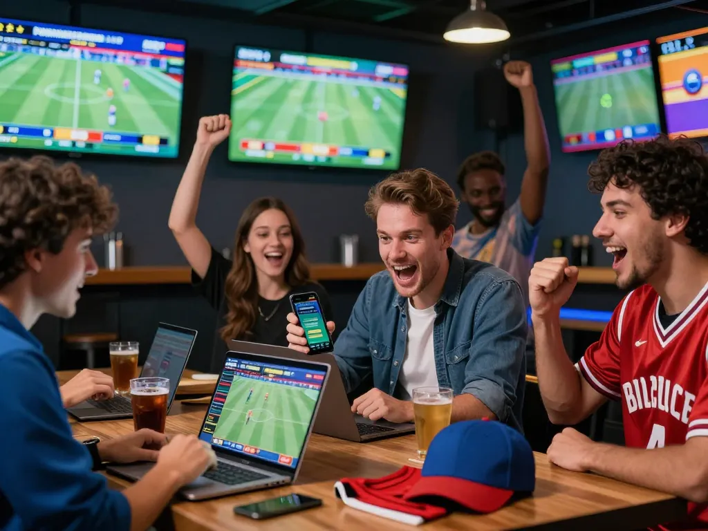Diverse group enjoying a live sports betting experience, emphasizing trang cá cược uy tín and excitement in a modern sports bar setting.