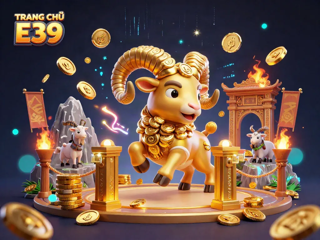 Experience the magical world of TRANG CHỦ E39 with thrilling casino action, featuring a golden ram charging at riches.