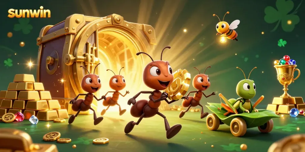 sunwin team of ants carrying a giant poker chip in a 3D casino heist scene, surrounded by treasure