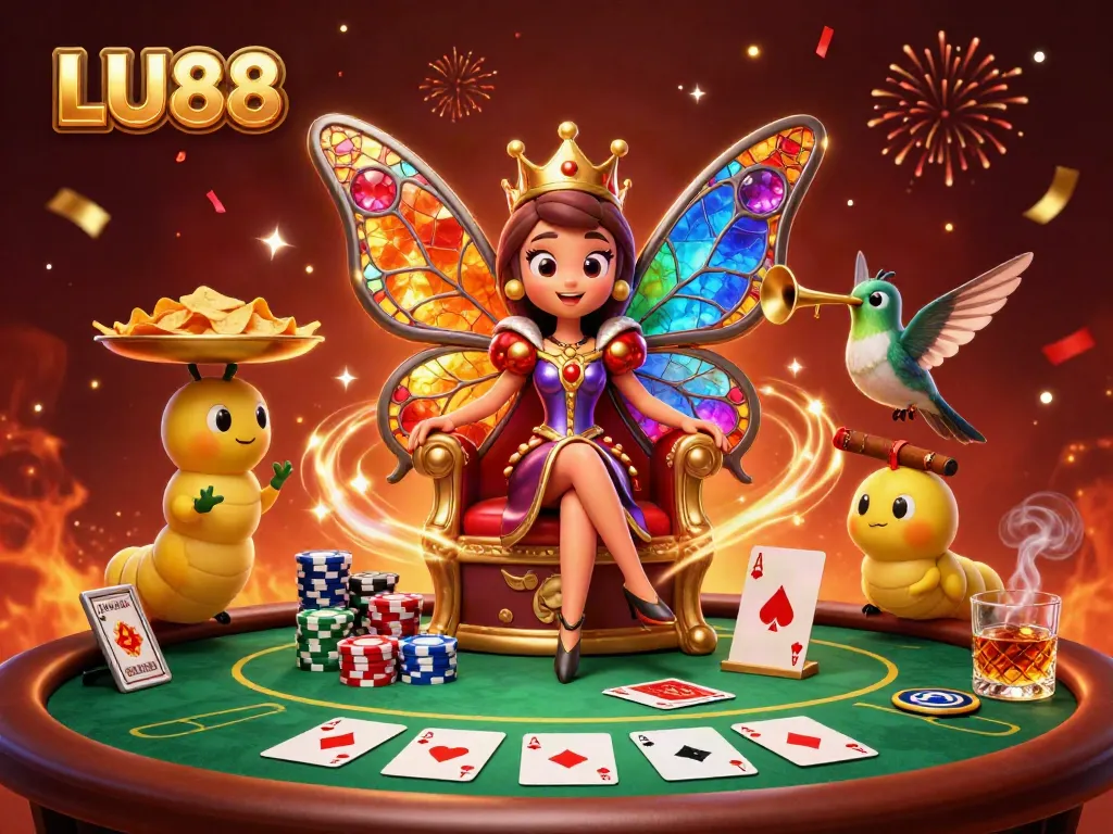 LU88 showcases an enchanting scene with a butterfly queen and vibrant casino elements, highlighting betting excitement.