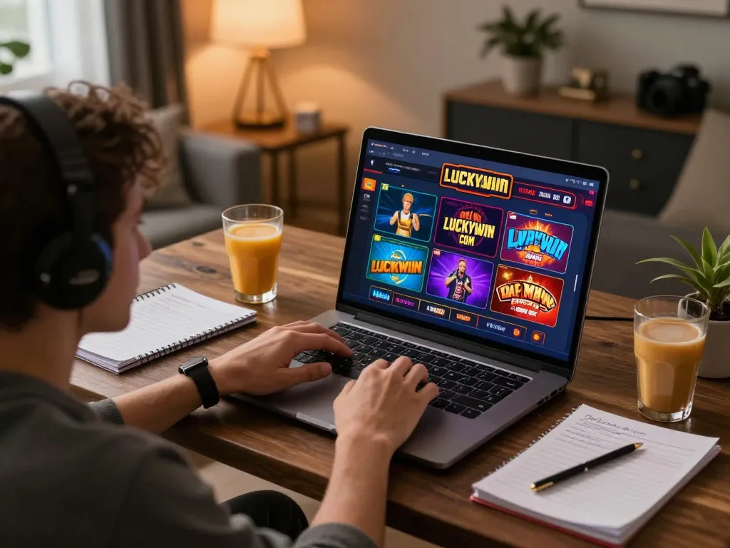 Player enjoying online games on LUCKYWIN COM at home, showcasing an engaging casino atmosphere.