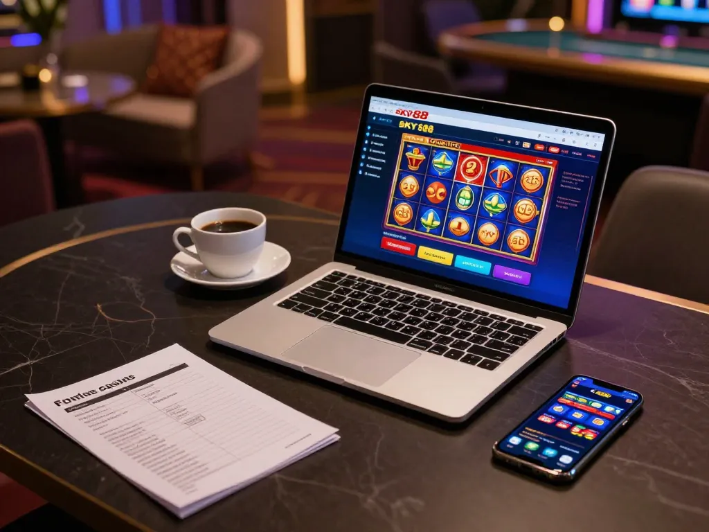 Engaging online gaming session at sky88 casino featuring vibrant slots and strategy notes.