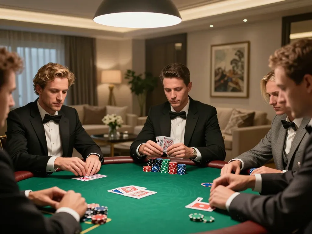 Players enjoy a strategic poker game at home with u888 chips and cards.
